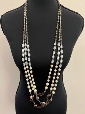 White House Black Market Cream, Brown & Clear Three-Strand Beaded Necklace
